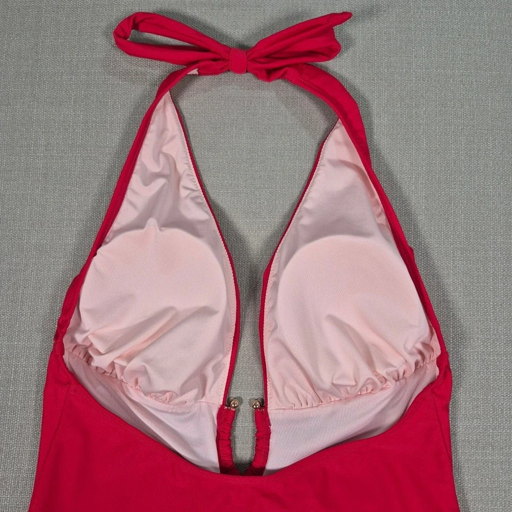 Cupshe Red Deep V Neck Ruched Halter One Piece‎ Swimsuit New Size L